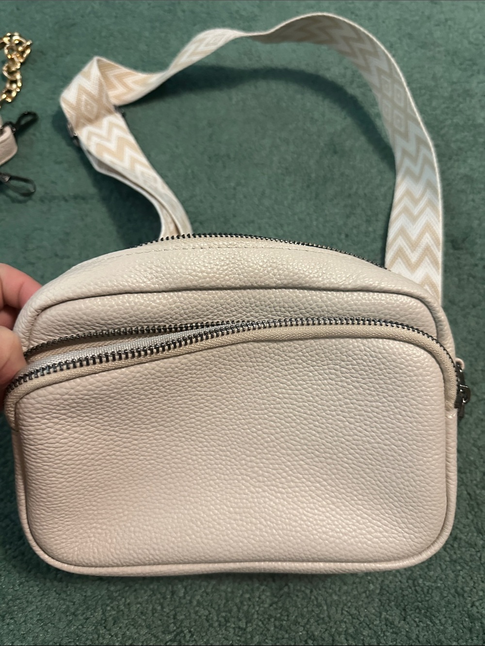 Cream Pebbled Crossbody Bag with Chevron Strap